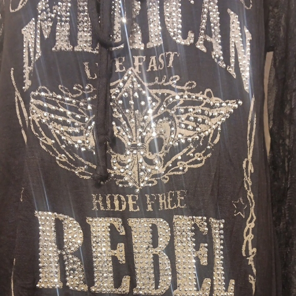 NWT. American Rebel Black Cold Shoulder Lace Sleeve Top - Picture 5 of 12